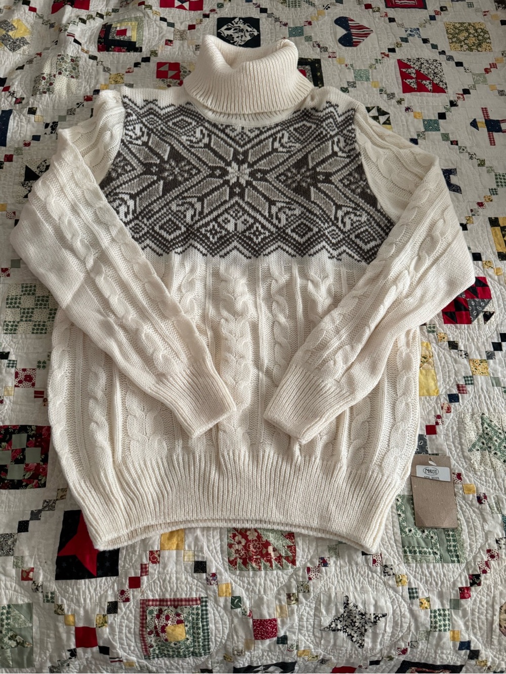 Cream Cable Turtleneck Wool Sweater with Gray Fair Isle Yoke
